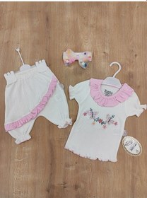 Resim Kız Bebek Çocuk Takım Pudra Sweatli 3'lü 3-6-9-12 Ay Bebek Takımları Kıyafetleri Giysileri Pembe 