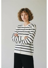 Resim Eren Style Triko Angora Cotton Çizgili Yünlü Uzun Kollu Hırka Beyaz 