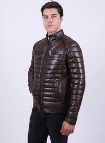 Resim New Zaya Leather Erkek Şişme Deri Ceket Hakiki Deri Kahverengi 