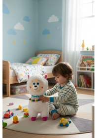 Resim Büyük Boy Yumuşak Peluş Lama Oyuncak - Yumuşacık Uyku Arkadaşı Fularlı Lama 35 Cm Beyaz 