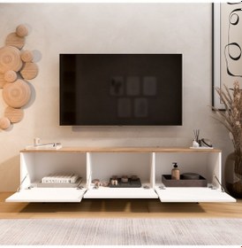 Resim Robin Home Alaska Tv Ünitesi Sehpası 3 Kapaklı Ahşap Ayaklı 180cm Sepet-beyaz Beyaz 