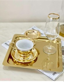 Resim Abant 6 Adet Gold Altın Kare Paslanmaz Çelik Kahve Servis Sunum Tepsi & Tabağı (21X21Cm) 