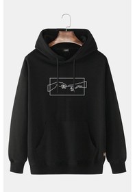 Resim Unisex Siyah Kapüşonlu Adem'in Yaratılışı Baskılı Slim Fit Kanguru Cepli Sweatshirt Siyah 