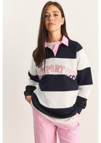Resim Shade Kadın Polo Yaka Nakışlı Çizgili Sweatshirt 8658 60283852 - Lacivert-beyaz Çok Renkli 