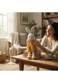 Resim Tığ İşi Amigurumi Tavşan %100 Pamuk El Yapımı Oyuncak 36 Cm Beyaz - Sarı 