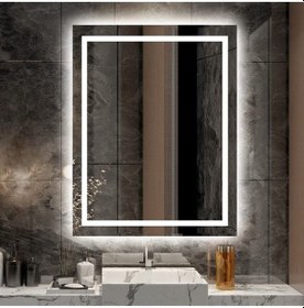 Resim Nuun Dekor 90x70cm Beyaz Ledli Kumlamalı Banyo Lavabo Ofis Makyaj Kuaför Aynası - Trafolu Beyaz 