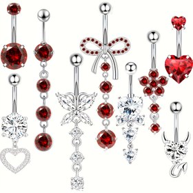 Resim 9 Parça 14G Paslanmaz Çelik Göbek Halkası - Hipoalerjenik Zarif Sallantılı Göbek Takısı, Kadınlar için Fiyonk, Kelebek ve Çiçek Süslemeli, Yaz Festivalleri, Müzik Festivalleri & Partiler İçin Göbek Aksesuarları 