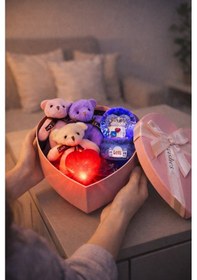 Resim Sevgililer Günü Romantik Aşk Kutusu Işıklı Mor Kar Küresi 3'lü Peluş Ayıcık Işıklı Kalp Hediye Seti Çok Renkli 