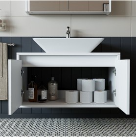 Resim ROOMART Banos Banyo Ld7 Ayaksız 2 Kapaklı Lavabolu Mat Beyaz Mdf 85 Cm Banyo Dolabı 