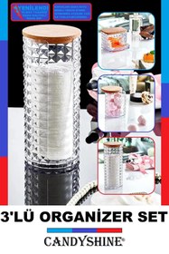 Resim CandyShine Ahşap Kapak 3'lü Organizer Set Modern Pamukluk Düzenleyici Şık 3'lü Pamukluk Set 