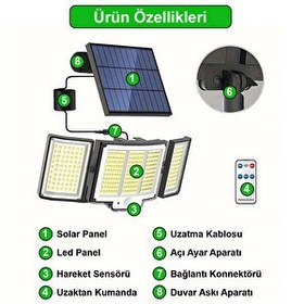Resim Greentech GT-SL30 348 Ledli Güneş Enerjili Hareket Sensörlü 3 Taraflı Aydınlatma 