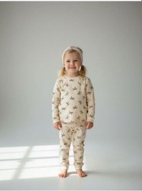 Resim Kız Çocuk Pamuklu Fiyonklu Pijama Takımı-16829 KREM 