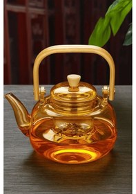 Resim Amber Cam Demlik Ahşap Saplı Cam Filtreli Demlik 1 Litre - Isıya Dayanıklı Cam Bitki Çayı Demlik Amber 