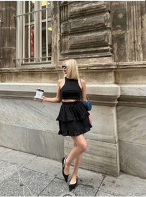 Resim Bel Lastikli Kat Fırfır Detaylı Kısa Etek - Siyah Siyah 