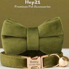 Resim Cat collar with bow tie Velvet cat collar with bell 649724 - Army Green Leash + Bow Tie / S/M 