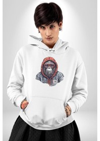 Resim Kırmızı Gözlük Çeket Maymun Kadın Erkek Beyaz Kapüşonlu Sweatshirt Hoodie Beyaz 