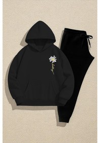 Resim Uyguntarz Unisex Papatya Happy Baskılı Tasarım Oversize Sweatshirt Eşofman Takım Siyah 