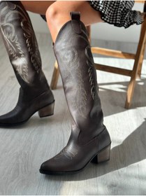 Resim SHOEBOURNE Kahverengi Deri Uzun Nakışlı Kovboy Tarzı Çizme 