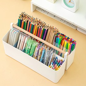 Resim 1 adet Büyük Plastik Taşınabilir Tutacaklı Caddy, Sanat Malzemeleri, El Sanatları, Renkli Kalemler, Makyaj Masası, Masaüstü Dekor için Ayarlanabilir Bölücülerle Depolama Organizatör Kutusu 
