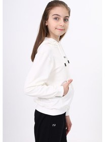 Resim Toontoy Kız Çocuk Oversize Kapüşonlu Cepli Düşük Omuz Baskılı Sweatshirt - 2 İplik Ekru 