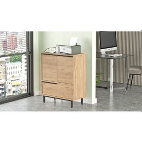 Resim Robin Home Lidya Ofis Dolabı 3 Kapaklı Metal Ayaklı Sepet Kahve 