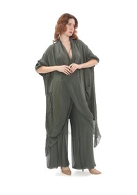 Resim Italyan Ipek Detaylı Oversize Kap Bluz- Wes Pantolon Takım Koyu Haki 