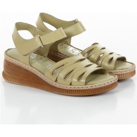 Resim Hakiki Deri Dolgu Taban Ortopedik Taban Kadın Sandalet Haki 