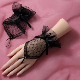 Resim Selfbuysell Siyah Dantel Fiyonklu Parmak Halkalı Kadın Eldiveni 