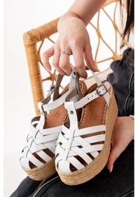 Resim 684-02 Beyaz Ortopedik Hakiki Deri Dolgu Kadın Sandalet Beyaz 