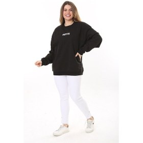 Resim Kadın Büyük Beden Siyah Pamuk Kumaş Nakış Yazılı Sweatshirt 65n37616-siyah Siyah 