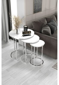 Resim 3'lü C Zigon Sehpa Gümüş Ayak Beyaz Ayna 