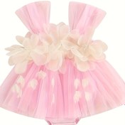 Resim Kızın Yaz Kolsuz Tüll Romper Elbisesi, 3D Çiçek Desenli - Açık Mor Geometrik Desen, Kıvrımlı Kenar ve Tüll Üst Katmanlı, Rahat Oyun Zamanı ve Aile Toplantıları İçin, Kız Elbisesi, Yumuşak Dokulu, Dış Mekan İçin 