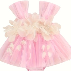 Resim Kızın Yaz Kolsuz Tüll Romper Elbisesi, 3D Çiçek Desenli - Açık Mor Geometrik Desen, Kıvrımlı Kenar ve Tüll Üst Katmanlı, Rahat Oyun Zamanı ve Aile Toplantıları İçin, Kız Elbisesi, Yumuşak Dokulu, Dış Mekan İçin 