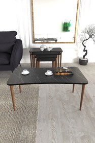 Resim Zuesse Dizayn Aleyna 5li Orta Sehpa Ve Zigon Sehpa Ahşap Ayaklı Çay Kahve Sehpası Xl Salon Seti – Siyah Mermer 