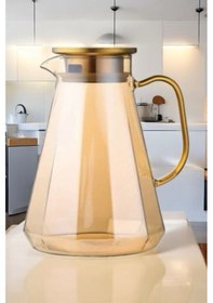 Resim Morponi Borosilikat Cam Metal Kapaklı Lüks Elmas Sürahi 1900 Ml Gold 
