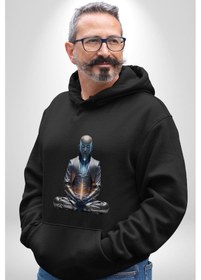 Resim Yeni Nesil Yoga Yapay Zeka Kadın Erkek Siyah Kapüşonlu Sweatshirt Hoodie Siyah 