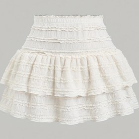 Resim Kadınların Yüksek Bel Volanlı Mini Etek - Hafif Polyester, Beyaz, Yaz Modası, Rahat ve Şık, Günlük veya Parti Giyim için Uygun, Parti Etek | Volanlı Etek | Polyester Kumaş 