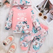 Resim Kızlar için Rahat Moda Kapüşonlu Uzun Kollu Sweatshirt & Çiçek Desenli Pantolon Takımı - "Mama'S Kız" Harf Baskısı, Pembe ile Mavi ve Beyaz Çiçekler, Rahat Sonbahar/Kış Kıyafeti, Dış Mekanlar için Mükemmel 