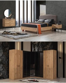 Resim İzgi Yatak Odası Takımı 9 Kapaklı Köşe Dolap + Şifonyer + Komodin + Karyola 