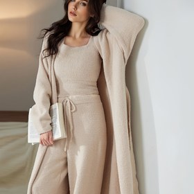 Resim Kadın Kışlık Peluş Polar Pijama Takımı - Kare Yaka, Yumuşak & Kahverengi, Soğuk Hava İçin Mükemmel, Tüm Sezon Konforu, Günlük Giyim, |Vintage Stil| Yumuşak Polar, Kışlık Pijamalar 