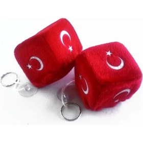 Resim otopaspascım 2 Adet Ay Yıldız Bayrak Vantuzlu Küp Zar Ayna Süsü Küp Anahtarlık Küp Zar Peluş Dekor Bayrak 6x6 Cm 
