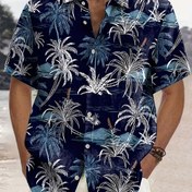 Resim Men's Casual Hawaiian Shirt, Hindistan Cevizi Ağacı Deseni, %100 Polyester, Kısa Kollu, Düğmeli Ön, Yaka Yaka, Düzenli Kesim, Dokuma Kumaş, 110gsm - Bahar/Yaz Plaj Giyimi, Büyük Beden 