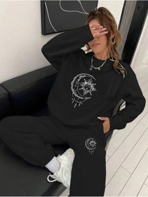 Resim ship master Kadın Siyah Güneş ve Ay Baskılı Eşofman Takımı %100 Pamuk Sweatshirt Pantolon 