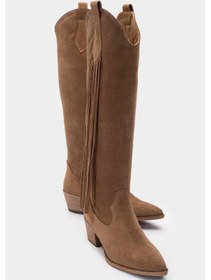 Resim Rios Toprak Hakiki Deri Süet Püsküllü Kadın Kalın Topuklu Çizme Toprak 