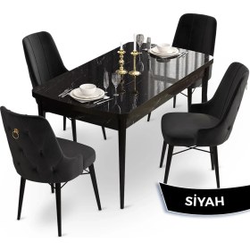 Resim Canisa Concept Taç Serisi 80 x 132 cm Açılabilir Siyah Mermer Desen Masa Takımı 4 Sandalye Gold Halkalı 