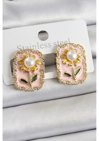 Resim Pirinç Pembe Mineli Papatya Figürlü Sanatsal Portre Model Gold Renk Kadın Küpe çok renkli 