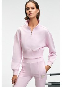 Resim THALIA Kadın Arka Baskılı Ve Patch Detaylı Fermuarlı Dik Yakalı Pembe Sweatshirt 