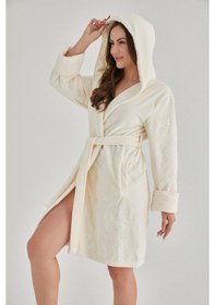 Resim Eteği Jakarlı Triga Bambu Cotton Bayan Bornozu Krem 