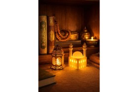 Resim Özbience Şık Ramazan Temalı Masa Üstü Dekoratif Fener ve Mum Seti 