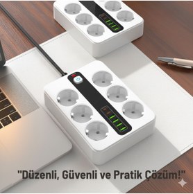 Resim SMAYLİNG 6 Prizli Akıllı Uzatma Kablosu – 4 USB-A + 2 Type-C Hızlı Şarj Çıkışlı Akım Korumalı , 2 Metre Kablo 